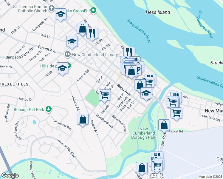 map of restaurants, bars, coffee shops, grocery stores, and more near 424 4th Street in New Cumberland
