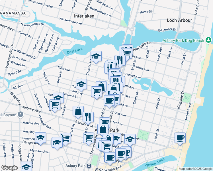 map of restaurants, bars, coffee shops, grocery stores, and more near 1200 Memorial Drive in Asbury Park