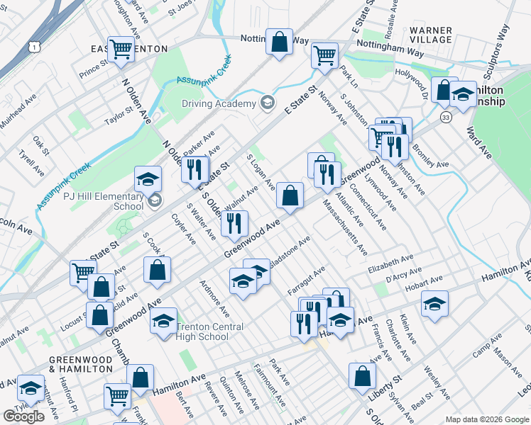 map of restaurants, bars, coffee shops, grocery stores, and more near 157 Cleveland Avenue in Trenton