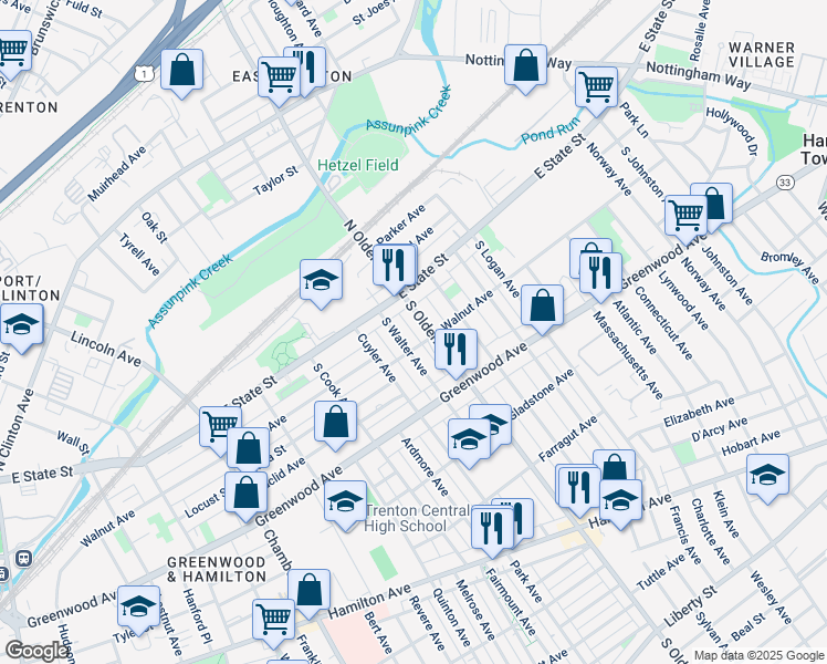 map of restaurants, bars, coffee shops, grocery stores, and more near 49 South Olden Avenue in Trenton