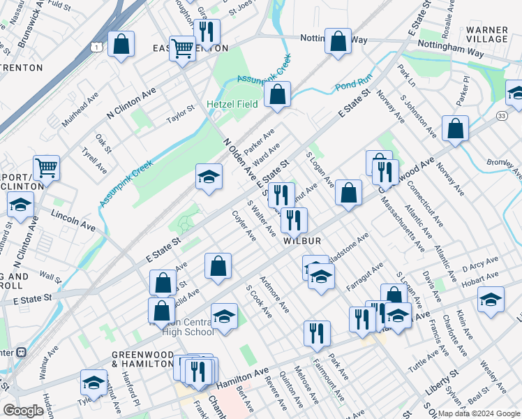 map of restaurants, bars, coffee shops, grocery stores, and more near 49 South Olden Avenue in Trenton