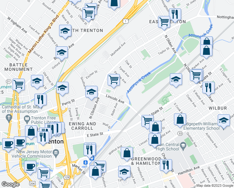 map of restaurants, bars, coffee shops, grocery stores, and more near 20 Seward Avenue in Trenton
