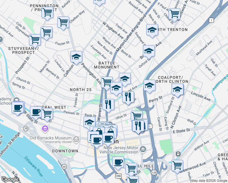map of restaurants, bars, coffee shops, grocery stores, and more near 219 North Montgomery Street in Trenton
