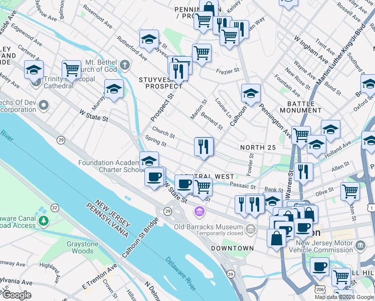 map of restaurants, bars, coffee shops, grocery stores, and more near 239 Church Street in Trenton