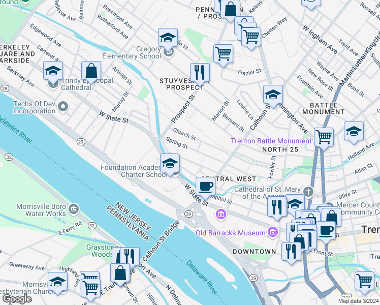 map of restaurants, bars, coffee shops, grocery stores, and more near 269 Spring Street in Trenton