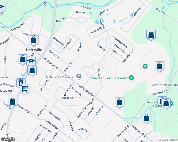 map of restaurants, bars, coffee shops, grocery stores, and more near 201 Strawberry Court in Warwick