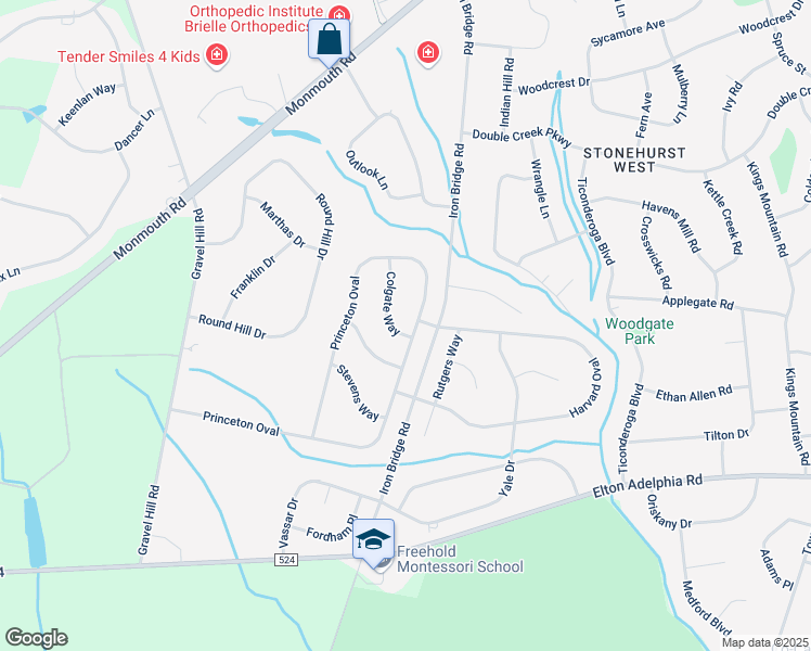 map of restaurants, bars, coffee shops, grocery stores, and more near 91 Princeton Oval in Freehold