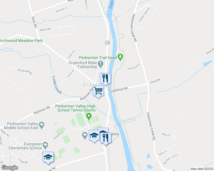 map of restaurants, bars, coffee shops, grocery stores, and more near 1055 Gravel Pike in Collegeville