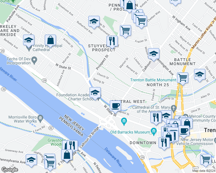 map of restaurants, bars, coffee shops, grocery stores, and more near 281 Spring Street in Trenton