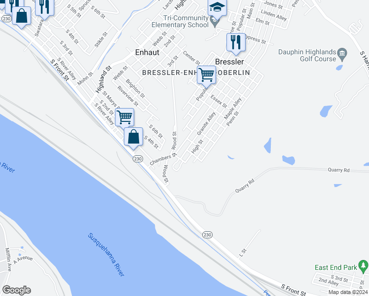 map of restaurants, bars, coffee shops, grocery stores, and more near 366 Chambers Street in Harrisburg