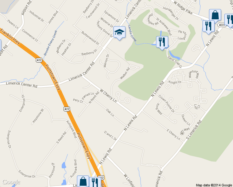 map of restaurants, bars, coffee shops, grocery stores, and more near 232 Troon Court in Royersford