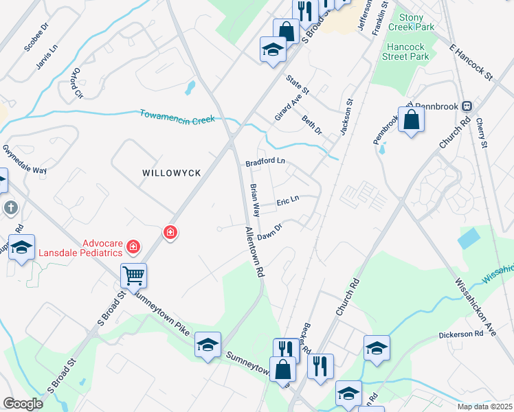 map of restaurants, bars, coffee shops, grocery stores, and more near 4 Eric Lane in Lansdale
