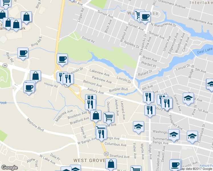 map of restaurants, bars, coffee shops, grocery stores, and more near 212 Belmont Avenue in Asbury Park