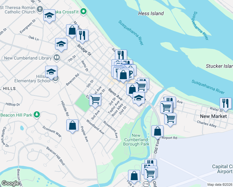 map of restaurants, bars, coffee shops, grocery stores, and more near 308 Reno Avenue in New Cumberland