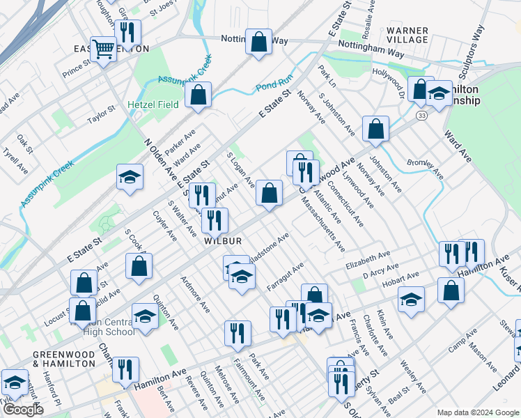 map of restaurants, bars, coffee shops, grocery stores, and more near 1416 Greenwood Avenue in Trenton