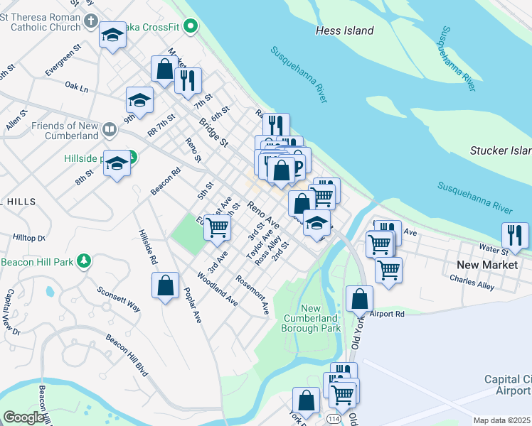 map of restaurants, bars, coffee shops, grocery stores, and more near 333 3rd Street in New Cumberland