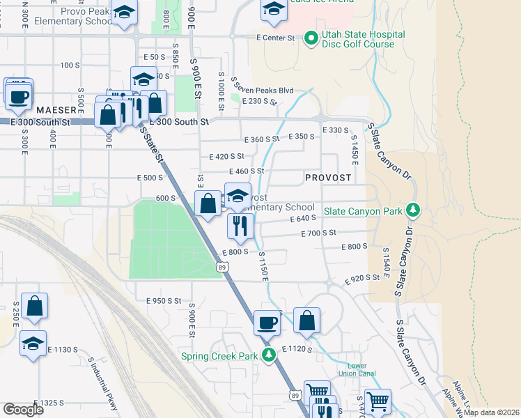 map of restaurants, bars, coffee shops, grocery stores, and more near 598 Idaho Avenue in Provo