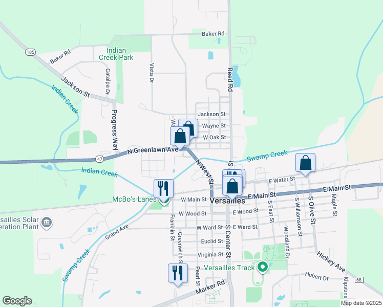 map of restaurants, bars, coffee shops, grocery stores, and more near 240 North West Street in Versailles