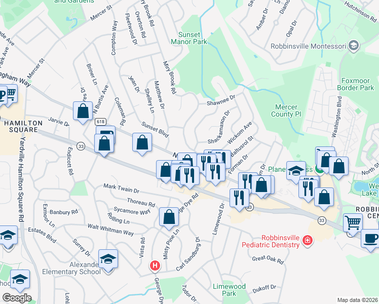 map of restaurants, bars, coffee shops, grocery stores, and more near 12 Miry Brook Road in Hamilton Township