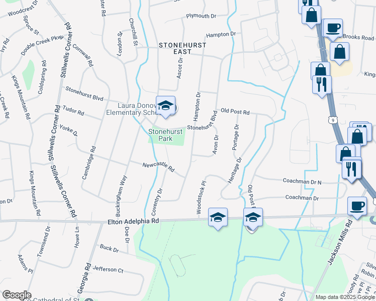 map of restaurants, bars, coffee shops, grocery stores, and more near 53 Hampton Drive in Freehold Township