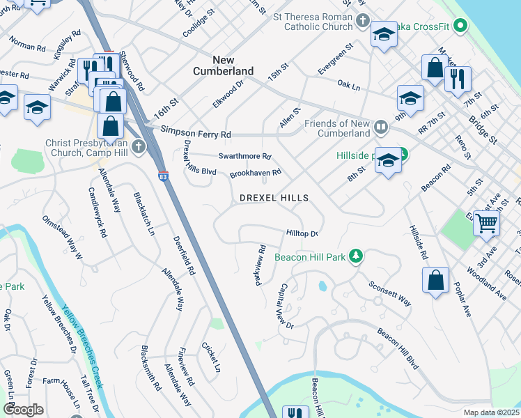 map of restaurants, bars, coffee shops, grocery stores, and more near 622 Park Ave in New Cumberland