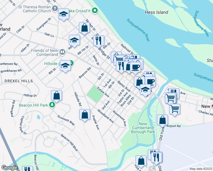 map of restaurants, bars, coffee shops, grocery stores, and more near 410 Geary Avenue in New Cumberland