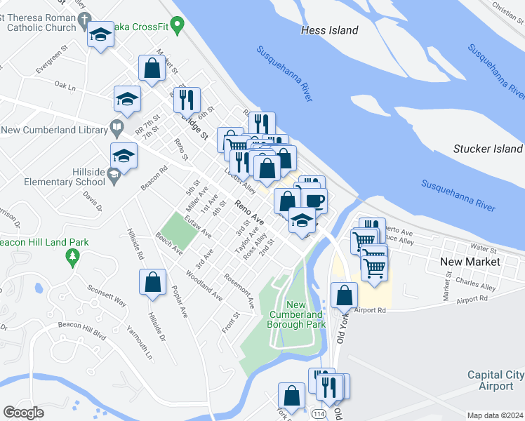 map of restaurants, bars, coffee shops, grocery stores, and more near 326 3rd Street in New Cumberland