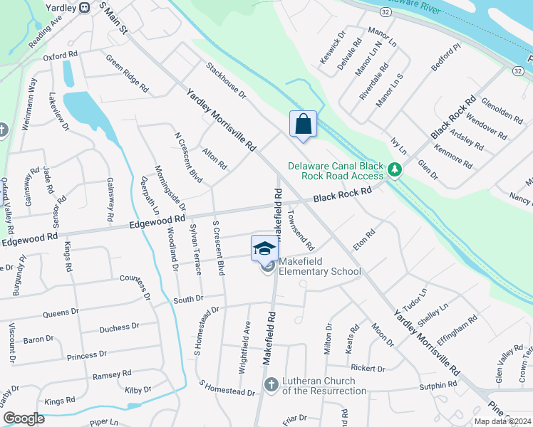 map of restaurants, bars, coffee shops, grocery stores, and more near 2007 Makefield Road in Yardley