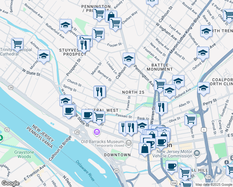 map of restaurants, bars, coffee shops, grocery stores, and more near 81 Bellevue Avenue in Trenton