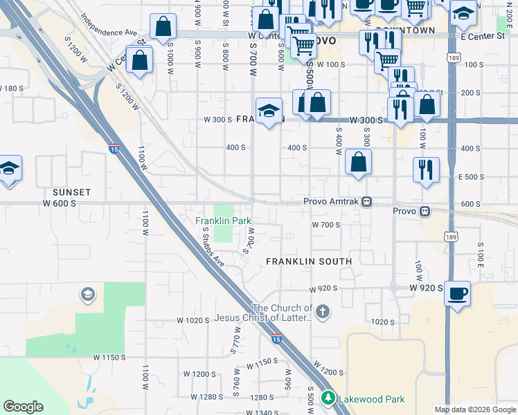 map of restaurants, bars, coffee shops, grocery stores, and more near 623 South 700 West in Provo