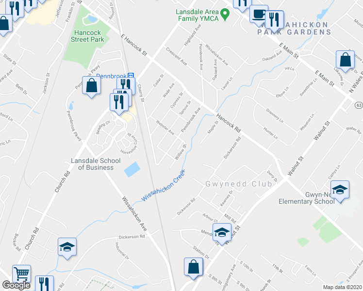 map of restaurants, bars, coffee shops, grocery stores, and more near 710 Willow Street in Lansdale