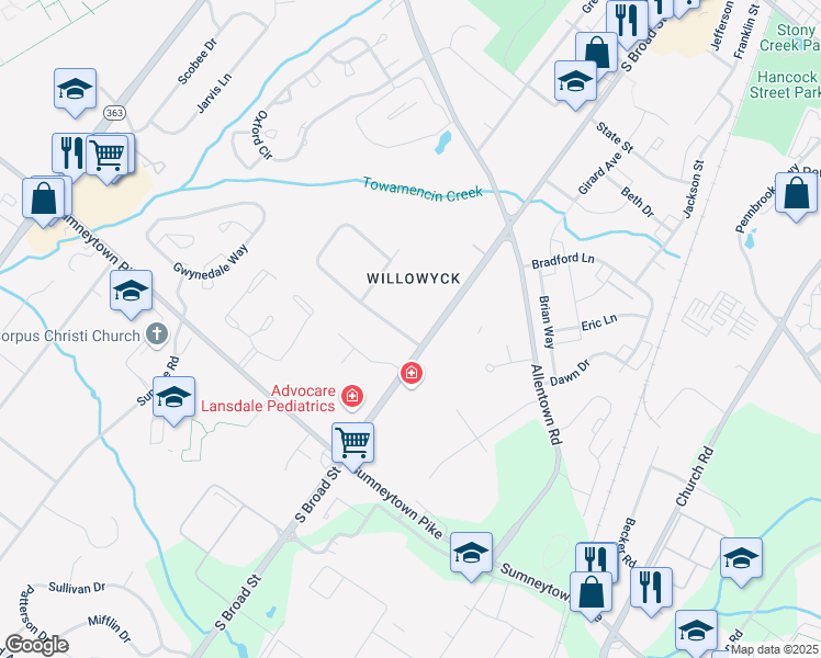 map of restaurants, bars, coffee shops, grocery stores, and more near 805 Fulton Avenue in Lansdale