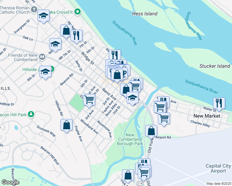map of restaurants, bars, coffee shops, grocery stores, and more near 324 3rd Street in New Cumberland