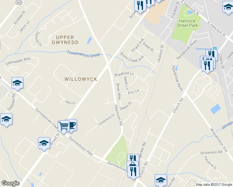 map of restaurants, bars, coffee shops, grocery stores, and more near 772 Brian Way in Lansdale