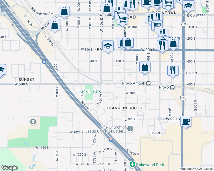 map of restaurants, bars, coffee shops, grocery stores, and more near 623 South 700 West in Provo