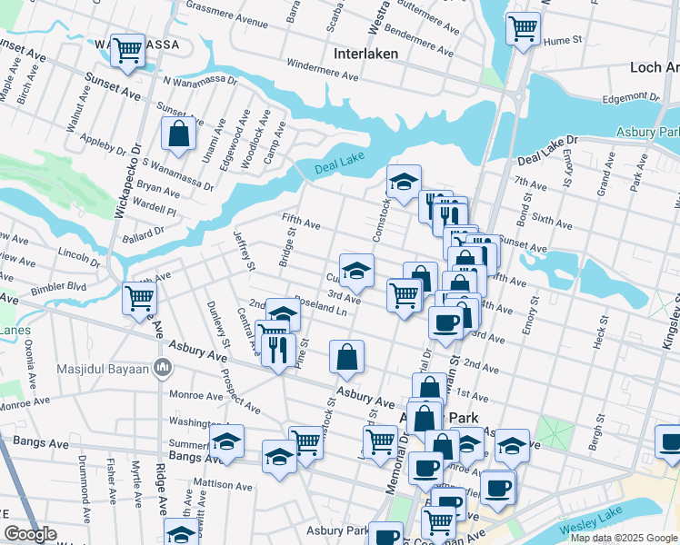 map of restaurants, bars, coffee shops, grocery stores, and more near 1106 4th Avenue in Asbury Park