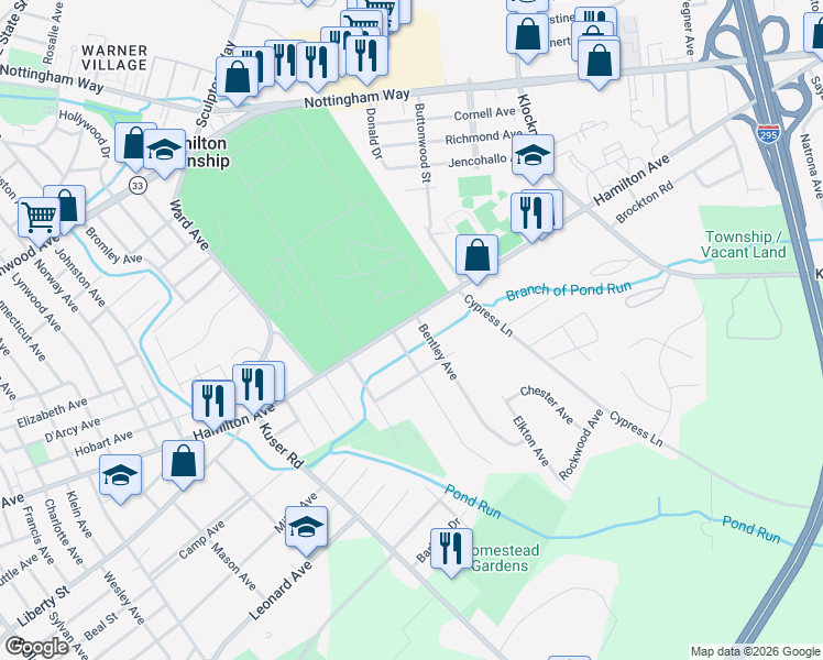 map of restaurants, bars, coffee shops, grocery stores, and more near 16 Bentley Avenue in Hamilton Township