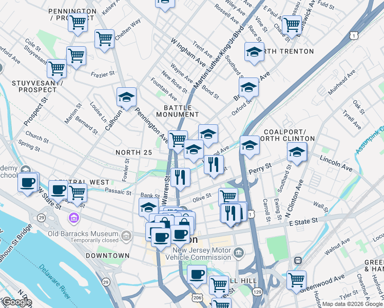 map of restaurants, bars, coffee shops, grocery stores, and more near 219 North Montgomery Street in Trenton