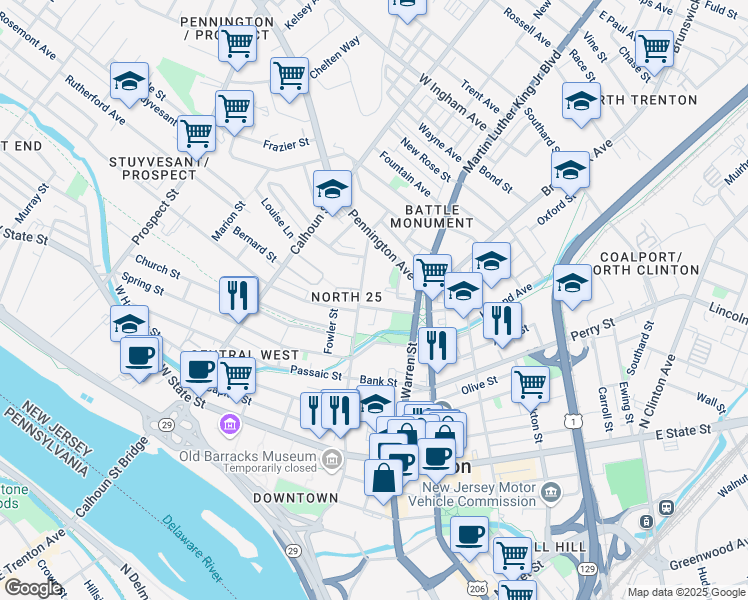 map of restaurants, bars, coffee shops, grocery stores, and more near 260 North Willow Street in Trenton