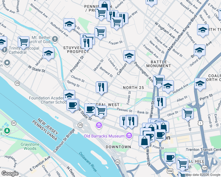 map of restaurants, bars, coffee shops, grocery stores, and more near in Trenton