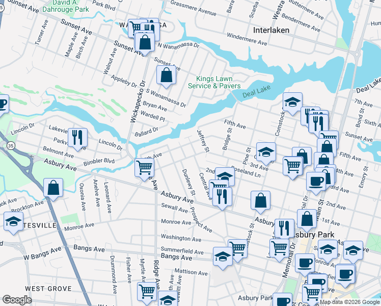 map of restaurants, bars, coffee shops, grocery stores, and more near 1505 3rd Avenue in Asbury Park