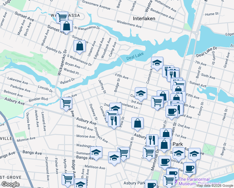 map of restaurants, bars, coffee shops, grocery stores, and more near 1221 3rd Avenue in Asbury Park