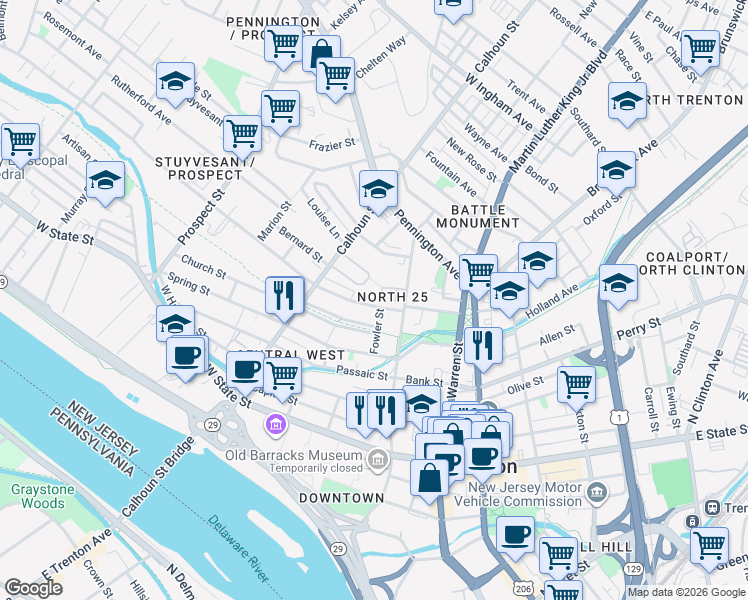 map of restaurants, bars, coffee shops, grocery stores, and more near 32 Bellevue Ave in Trenton