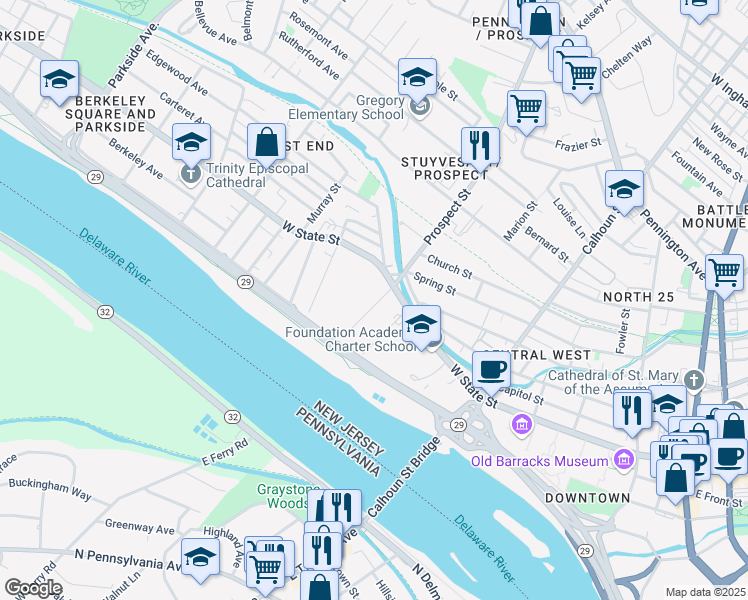 map of restaurants, bars, coffee shops, grocery stores, and more near 17 Richey Pl in Trenton