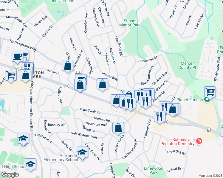 map of restaurants, bars, coffee shops, grocery stores, and more near 4223 Nottingham Way in Hamilton Township