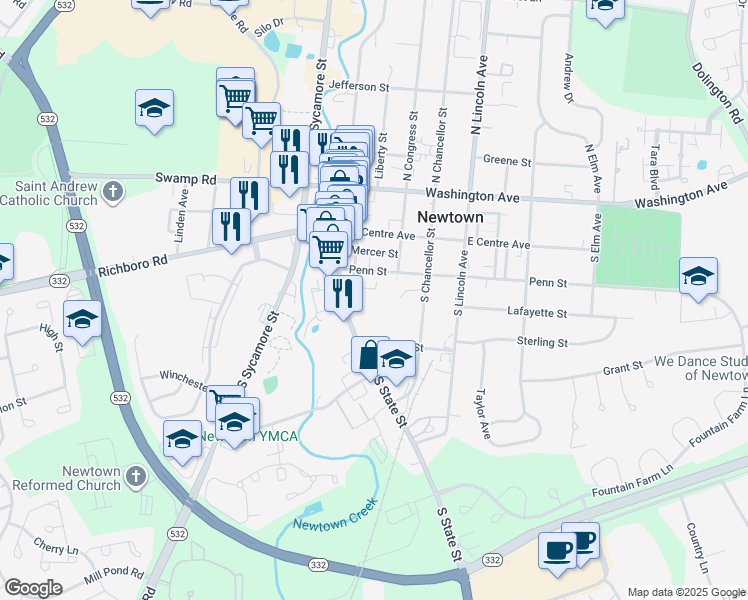 map of restaurants, bars, coffee shops, grocery stores, and more near 212 Court Street in Newtown