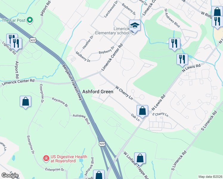 map of restaurants, bars, coffee shops, grocery stores, and more near 102 Parnell Lane in Royersford