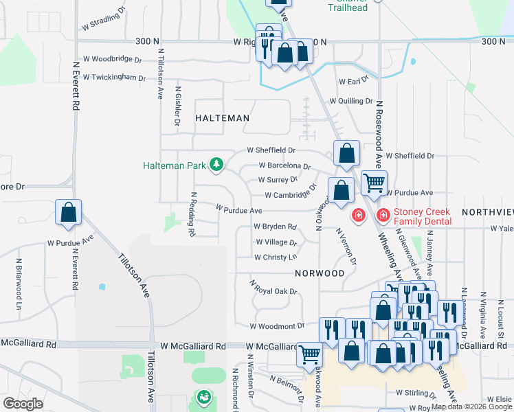map of restaurants, bars, coffee shops, grocery stores, and more near 2300 West Purdue Avenue in Muncie