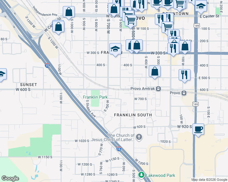 map of restaurants, bars, coffee shops, grocery stores, and more near 623 South 700 West in Provo