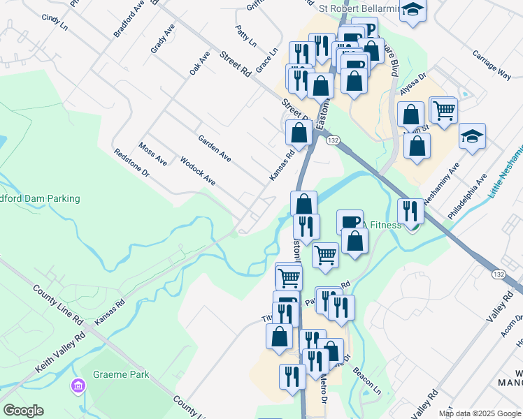map of restaurants, bars, coffee shops, grocery stores, and more near 5008 Brookwood Court in Warrington